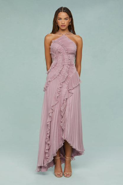 Amoura | Women’s Pleated Ruffle Halter Midi Dress