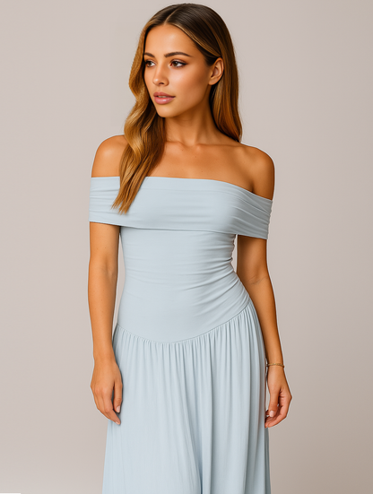 Selah | Women’s Pleated Off-Shoulder Maxi Dress for Wedding Guests