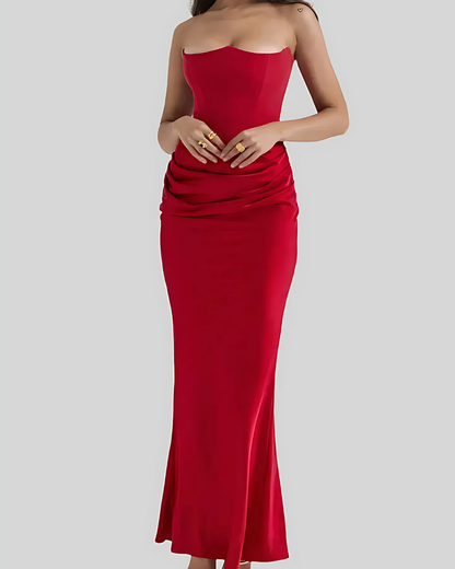 Marisol | Women’s Wedding Guest Draped Maxi Dress with Strapless Neckline