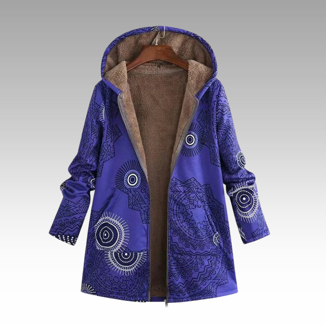 Kaia | Women’s Patterned Hooded Long Coat with Full Zip