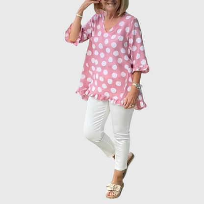 Tessa | Women’s Blue Polka Dot V-Neck Blouse