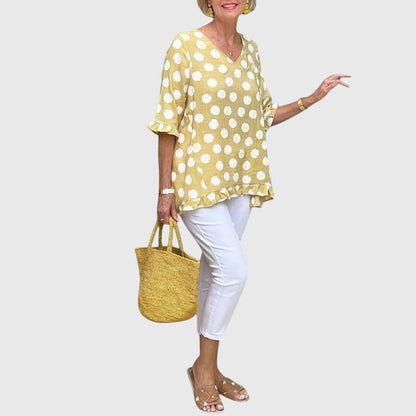 Tessa | Women’s Blue Polka Dot V-Neck Blouse