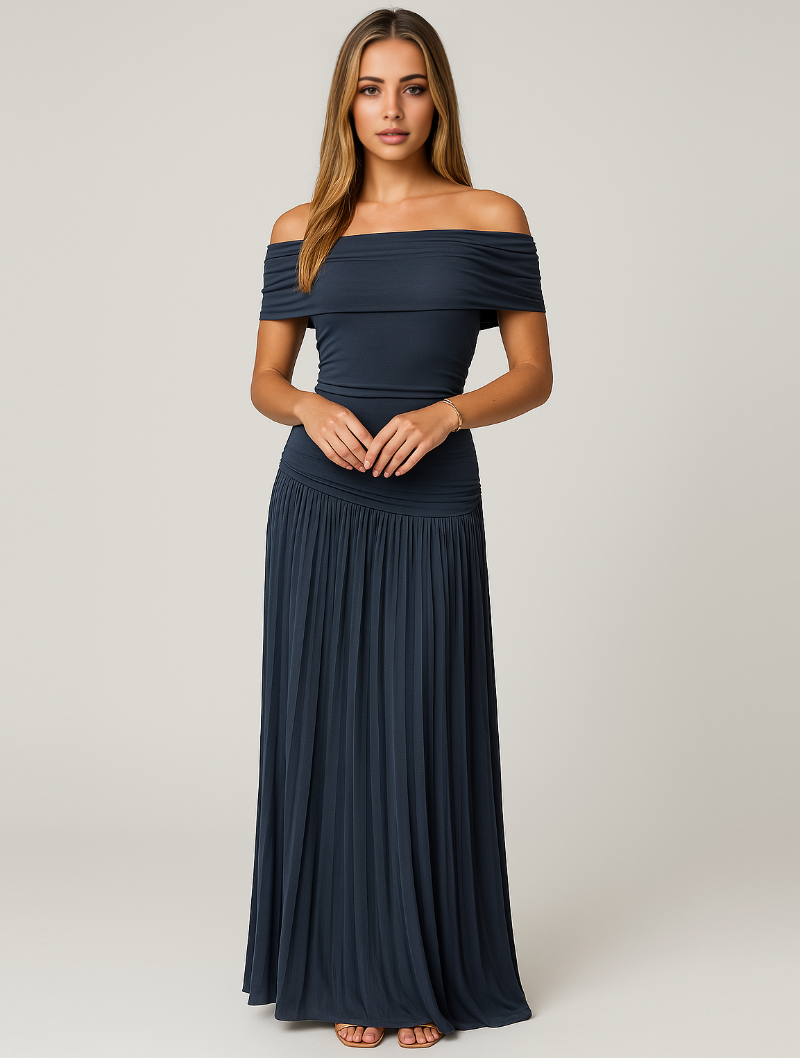 Selah | Women’s Pleated Off-Shoulder Maxi Dress for Wedding Guests