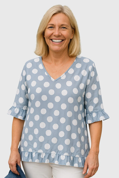 Tessa | Women’s Blue Polka Dot V-Neck Blouse