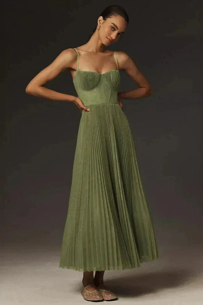 Callie | Women’s Pleated Strappy Maxi Dress with Flowy Skirt