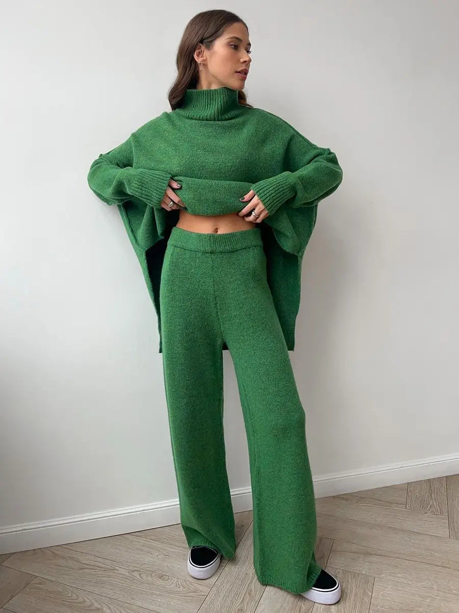 Camille | Women’s High Neck Knit Set with Wide Leg Trousers