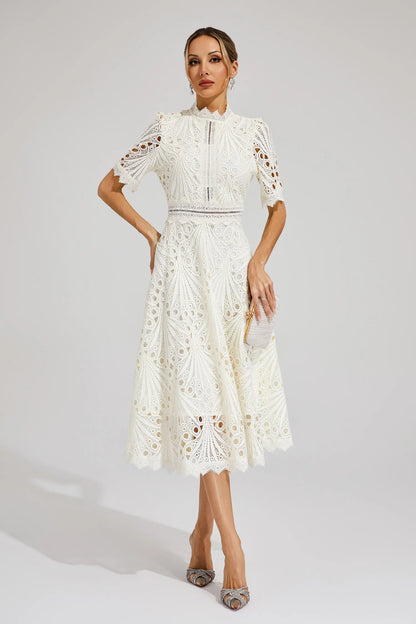Miranda | Women’s Chic Lace Midi Dress with High Neck