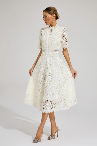Miranda | Women’s Chic Lace Midi Dress with High Neck