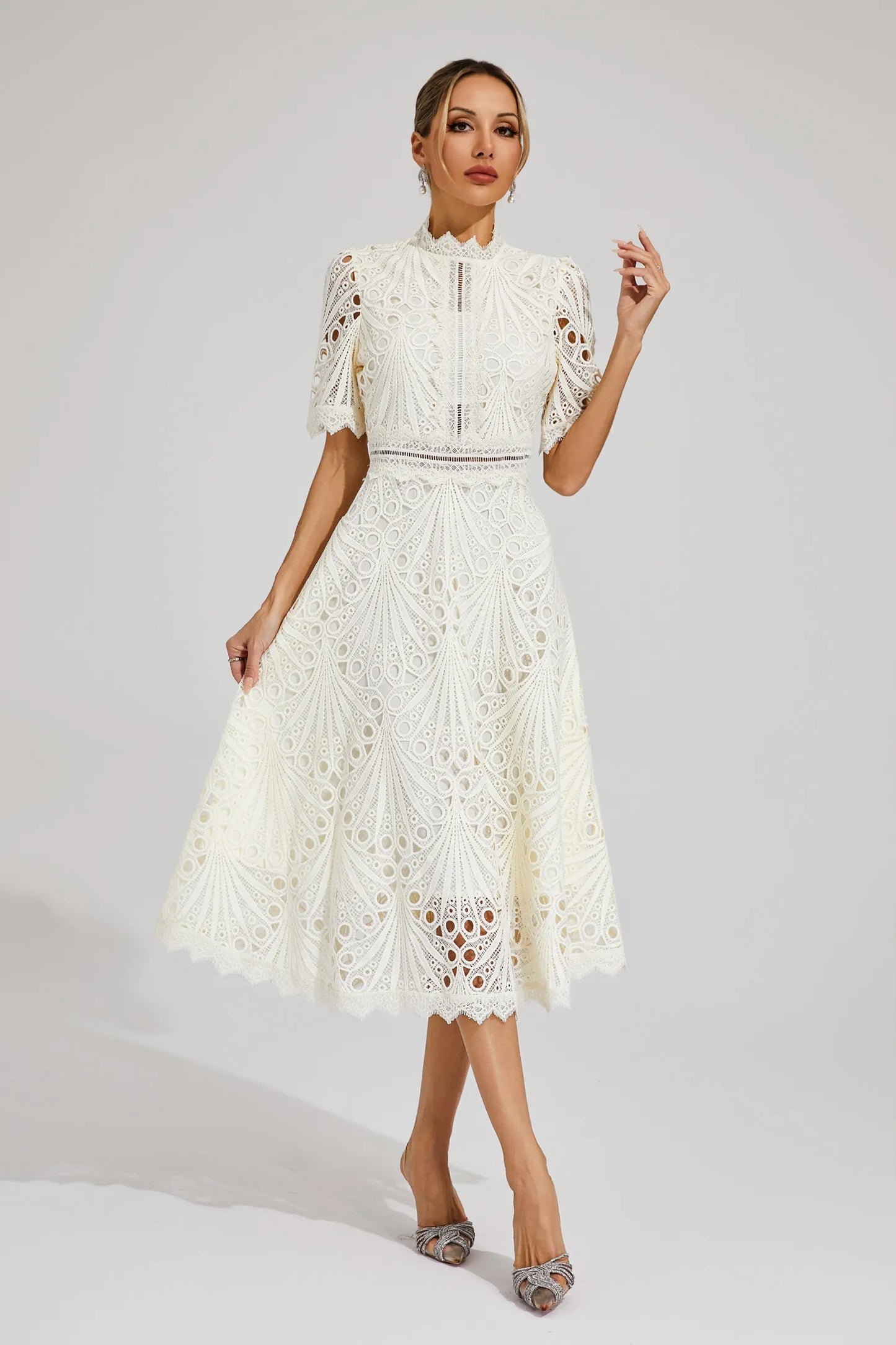 Miranda | Women’s Chic Lace Midi Dress with High Neck