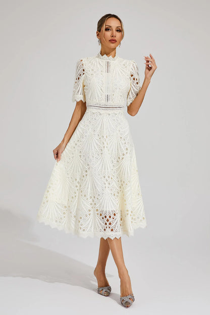 Miranda | Women’s Chic Lace Midi Dress with High Neck
