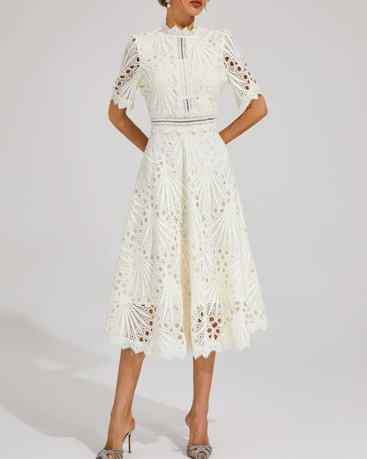 Miranda | Women’s Chic Lace Midi Dress with High Neck