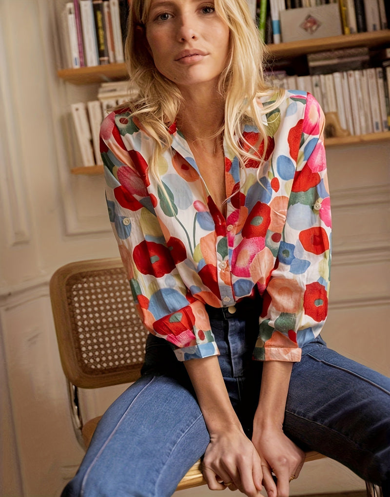 Imogen | Women’s Floral Cartoon Print Button-Up Shirt