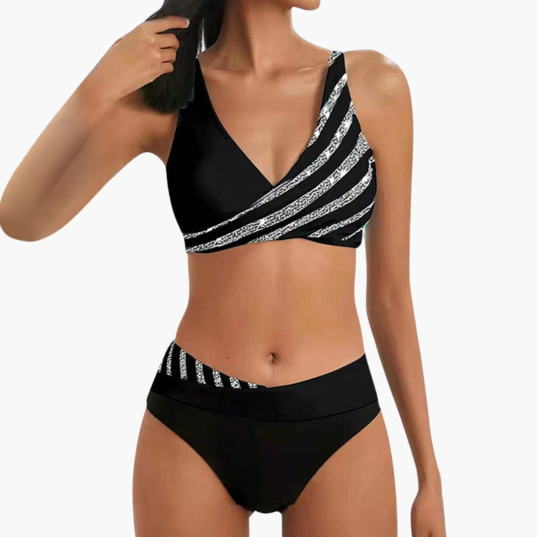 Veronica | Women’s Sparkle Stripe Bikini With High-Waist Bottom