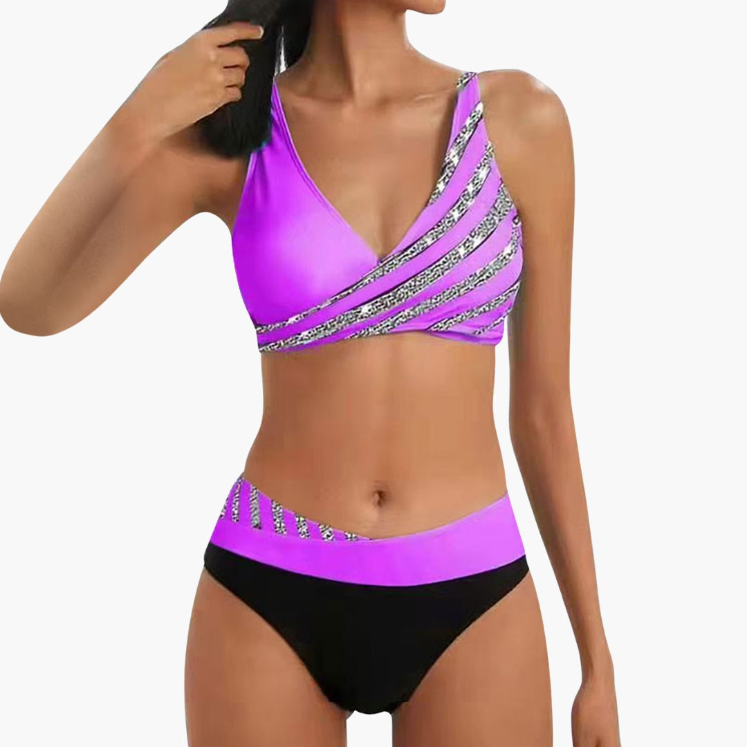 Veronica | Women’s Sparkle Stripe Bikini With High-Waist Bottom
