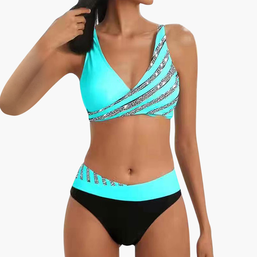 Veronica | Women’s Sparkle Stripe Bikini With High-Waist Bottom