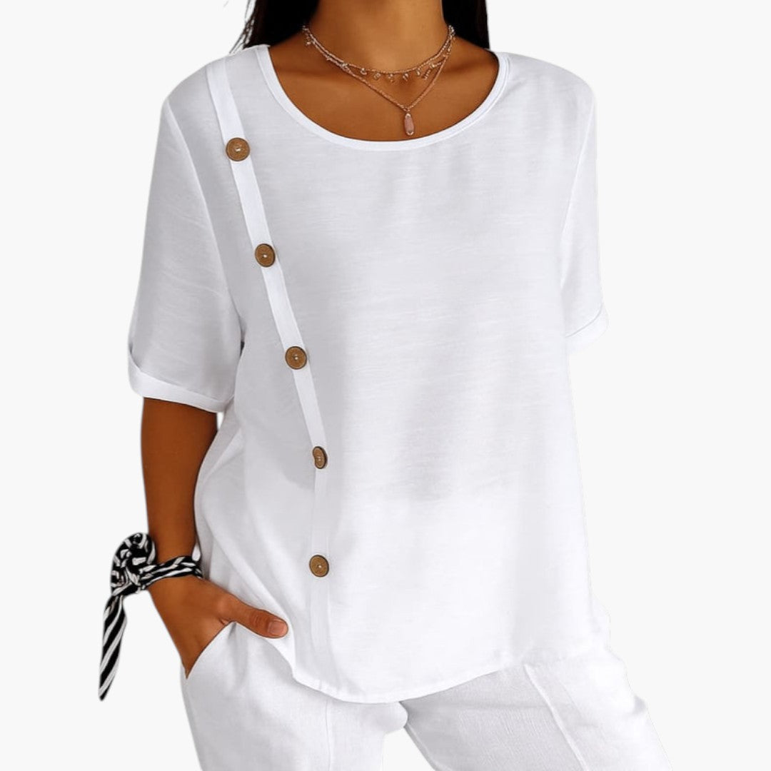 Hallie | Women’s Round Neck Side Button Short Sleeve Blouse
