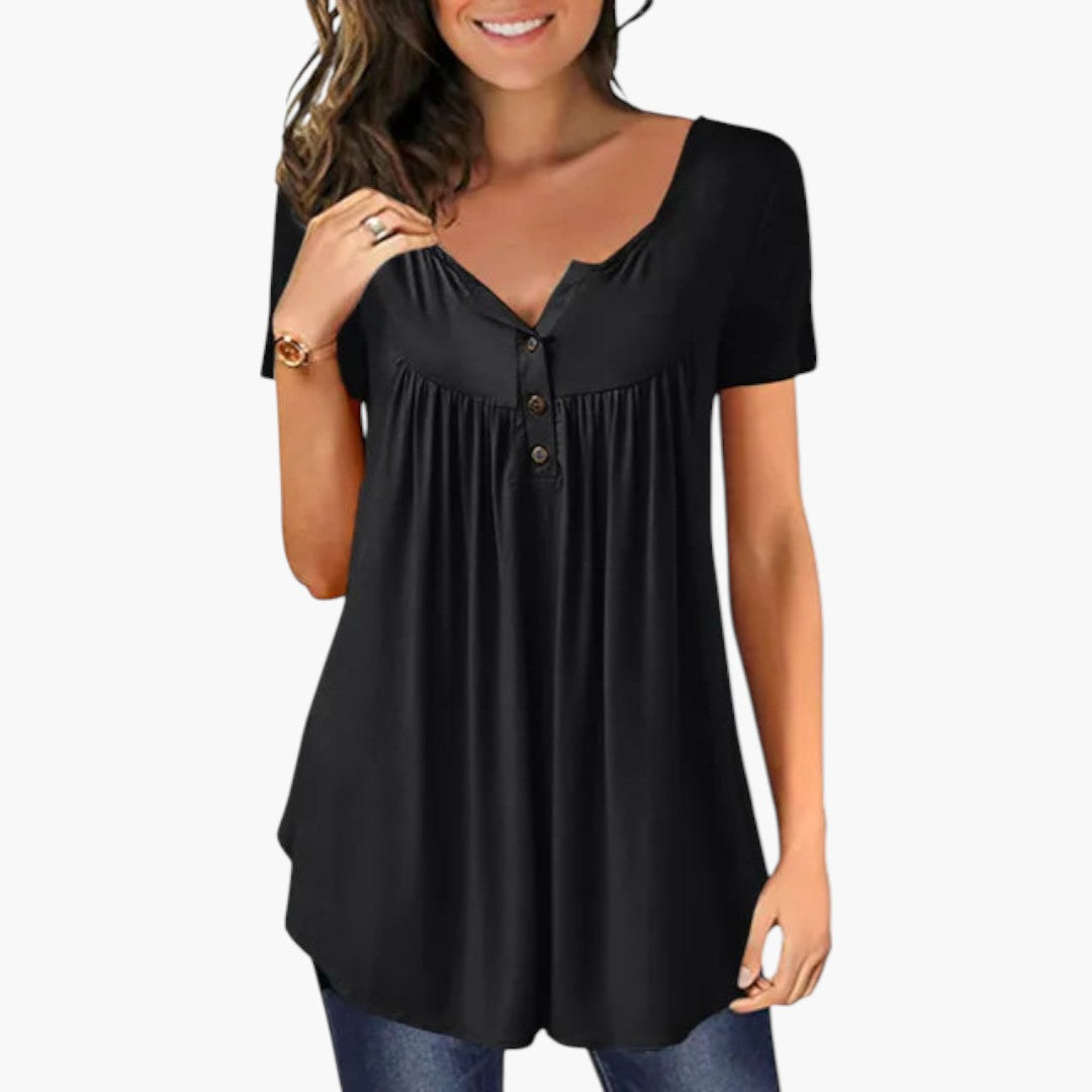 Talia | Women’s V-Neck Button Detail Short Sleeve Blouse