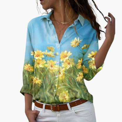 Eliana | Women’s V-Neck Floral Button Placket Blouse