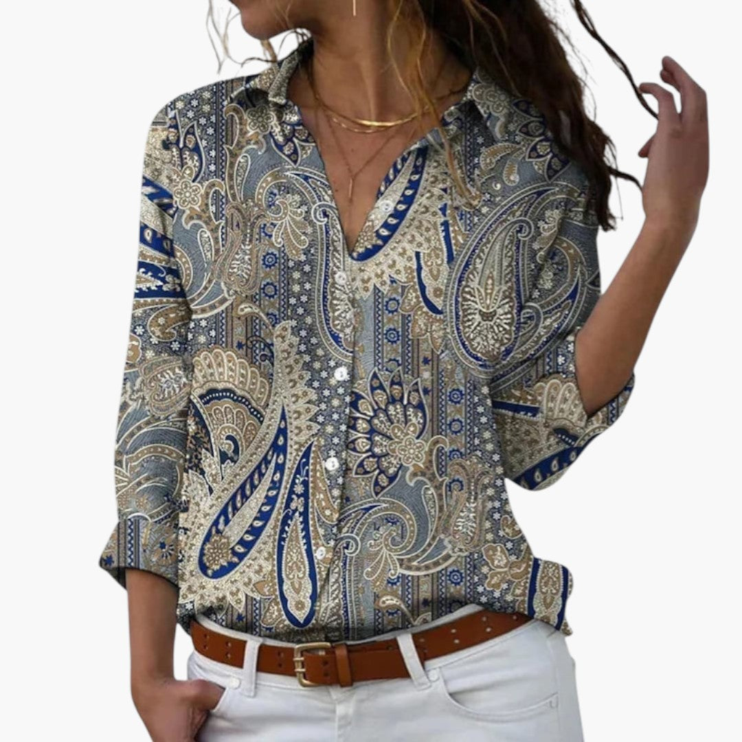 Eliana | Women’s V-Neck Floral Button Placket Blouse