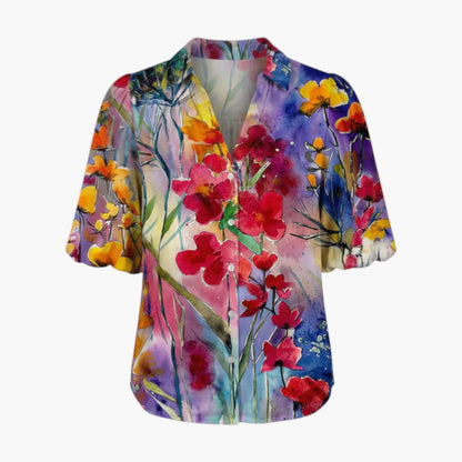 Brenna | Women’s V-Neck Printed Button Placket Blouse