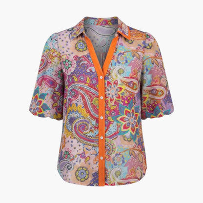 Brenna | Women’s V-Neck Printed Button Placket Blouse