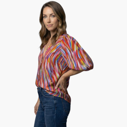 Brenna | Women’s V-Neck Printed Button Placket Blouse