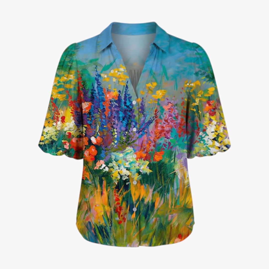 Brenna | Women’s V-Neck Printed Button Placket Blouse