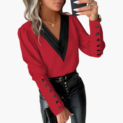 Selah | Women’s V-Neck Contrast Blouse With Buttoned Cuffs
