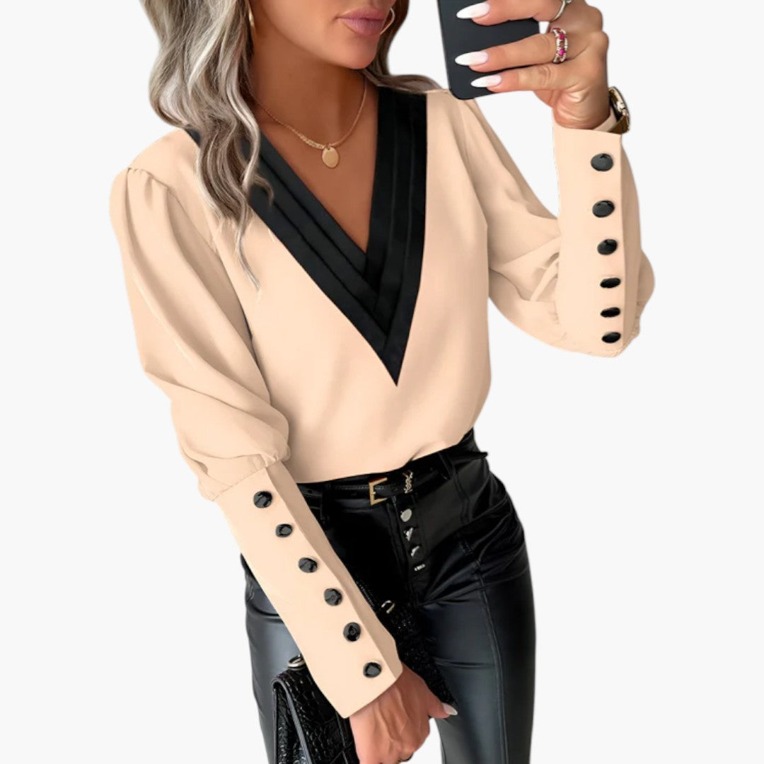 Selah | Women’s V-Neck Contrast Blouse With Buttoned Cuffs