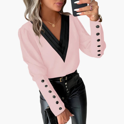 Selah | Women’s V-Neck Contrast Blouse With Buttoned Cuffs