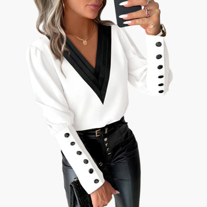 Selah | Women’s V-Neck Contrast Blouse With Buttoned Cuffs