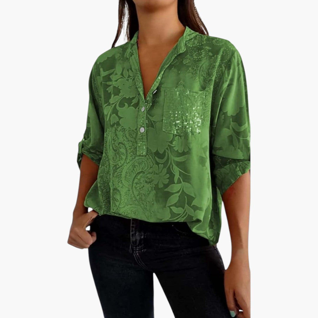 Roslyn | Women’s White Jacquard Floral Split-Neck Relaxed Blouse