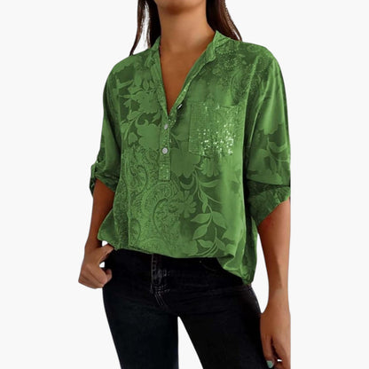 Roslyn | Women’s White Jacquard Floral Split-Neck Relaxed Blouse