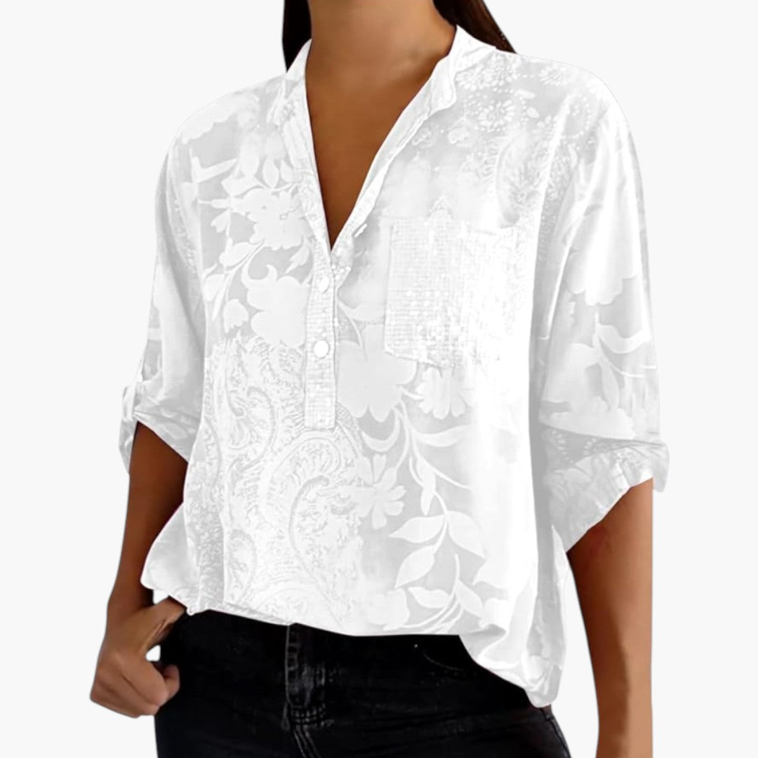Roslyn | Women’s White Jacquard Floral Split-Neck Relaxed Blouse