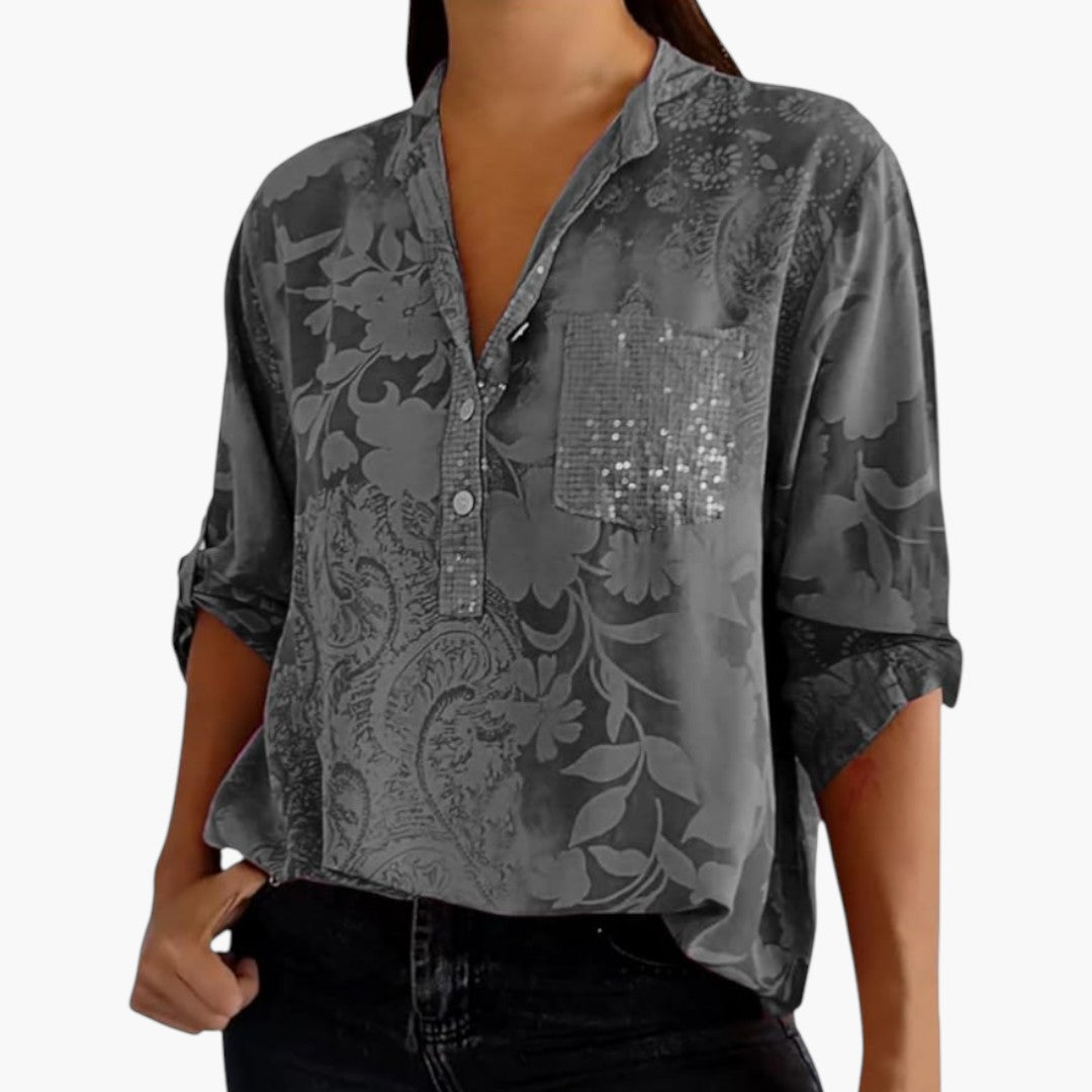 Roslyn | Women’s White Jacquard Floral Split-Neck Relaxed Blouse