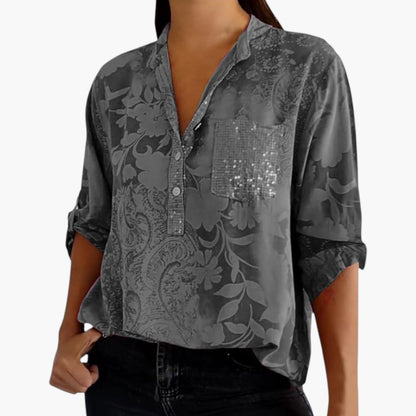 Roslyn | Women’s White Jacquard Floral Split-Neck Relaxed Blouse