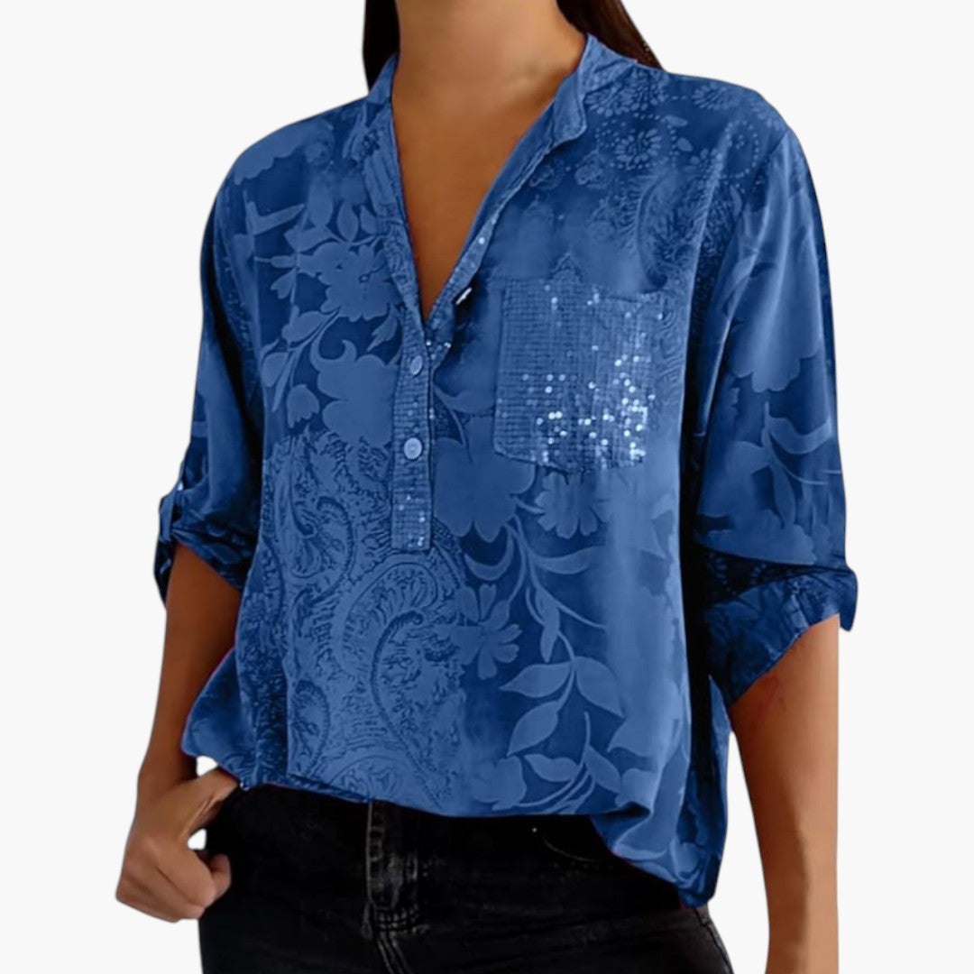 Roslyn | Women’s White Jacquard Floral Split-Neck Relaxed Blouse