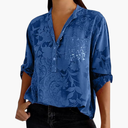 Roslyn | Women’s White Jacquard Floral Split-Neck Relaxed Blouse