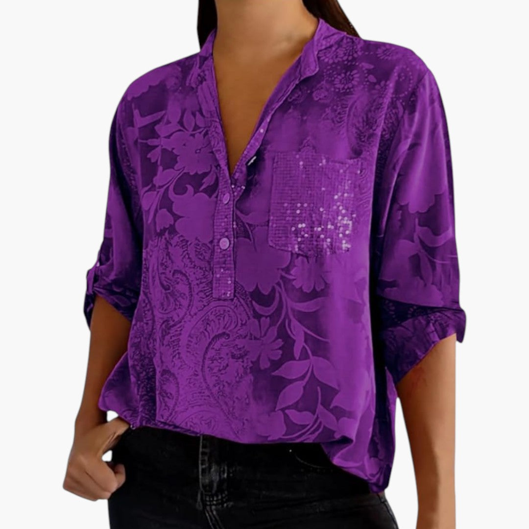 Roslyn | Women’s White Jacquard Floral Split-Neck Relaxed Blouse
