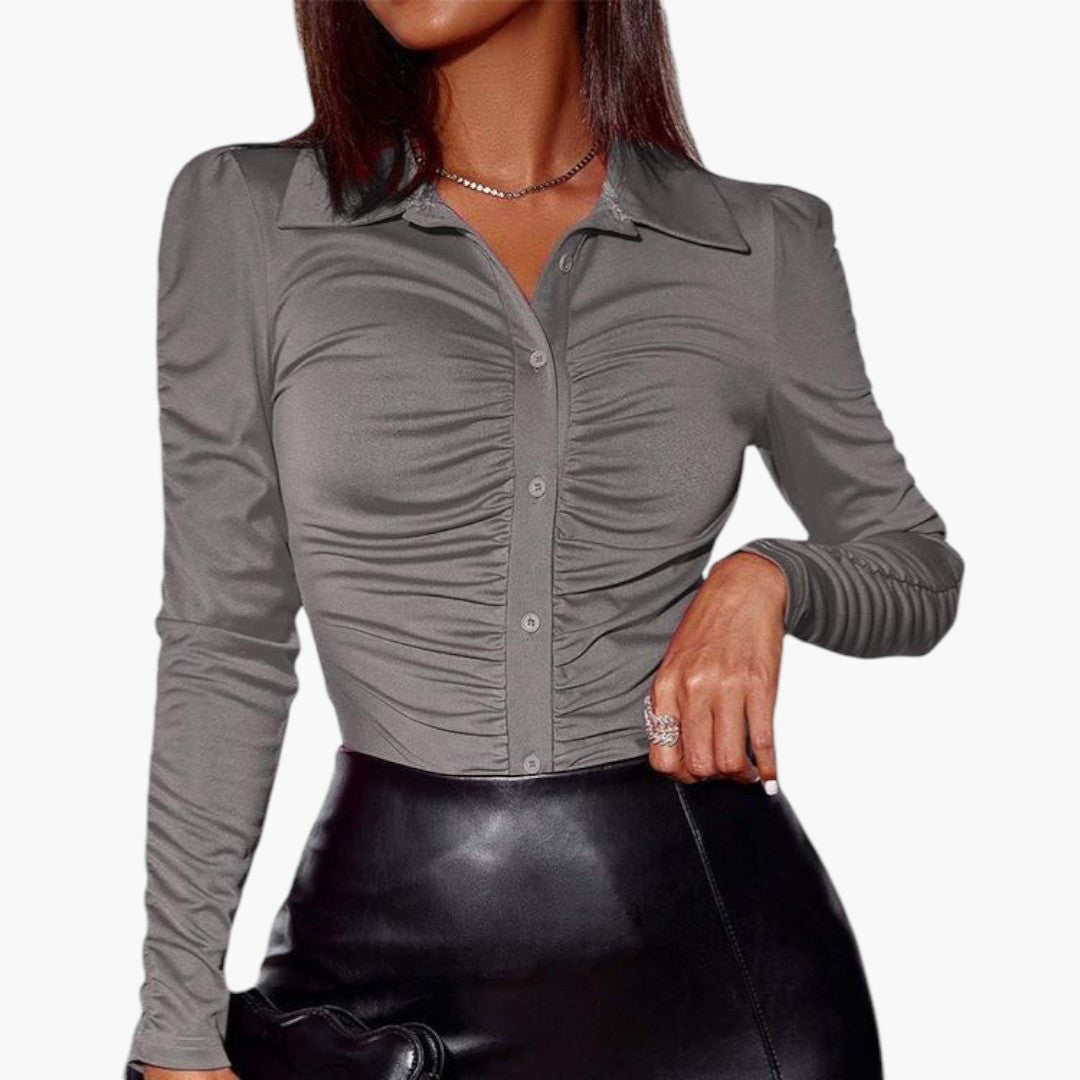 Nadia | Women’s Fitted Ruched Collared Button-Up Blouse