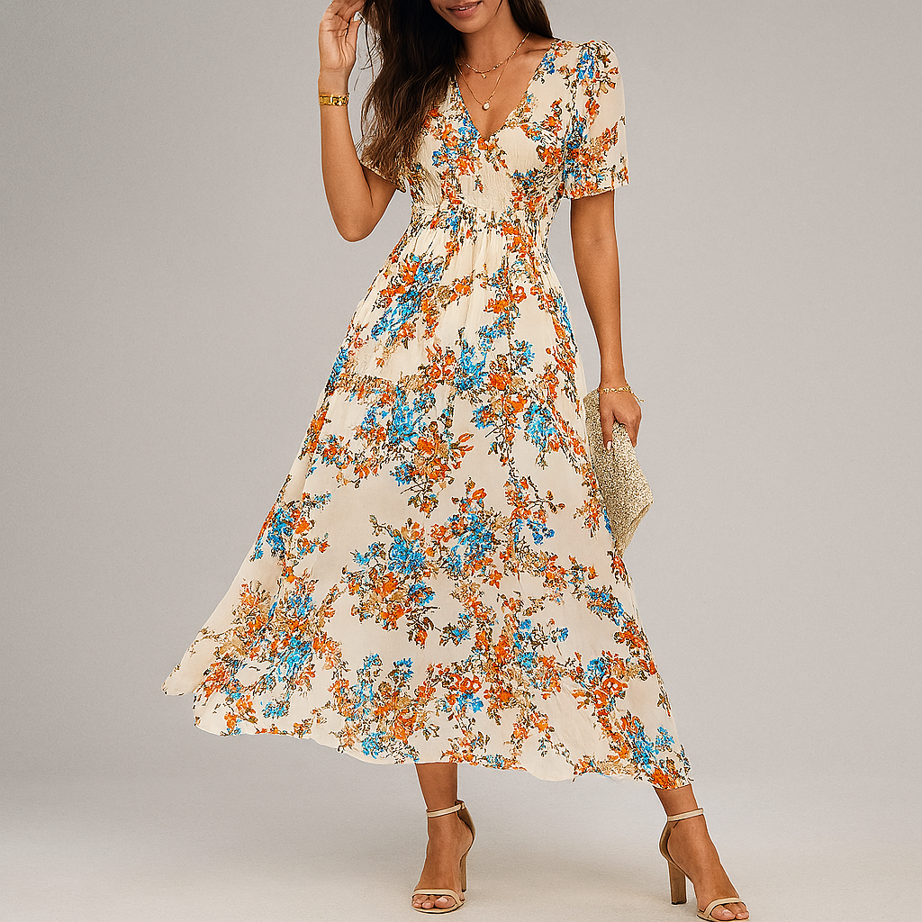 Esther | Women’s Floral Print Midi Dress with Soft Flowing Silhouette