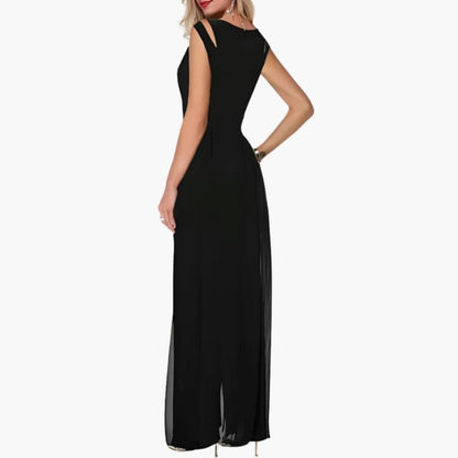 Evangeline | Women’s Round Neck Overlay Wide-Leg Jumpsuit