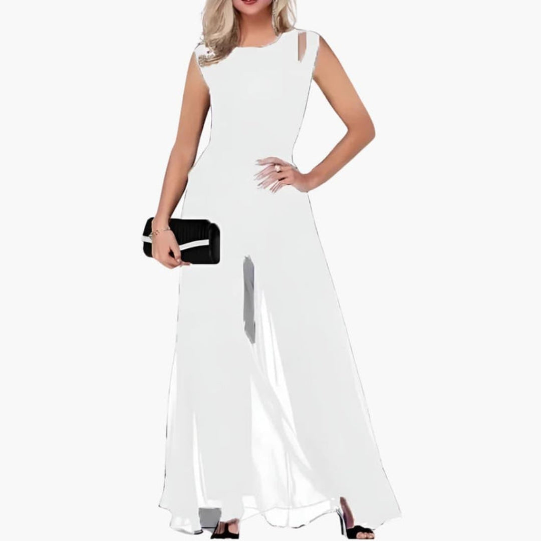 Evangeline | Women’s Round Neck Overlay Wide-Leg Jumpsuit