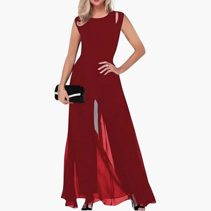 Evangeline | Women’s Round Neck Overlay Wide-Leg Jumpsuit