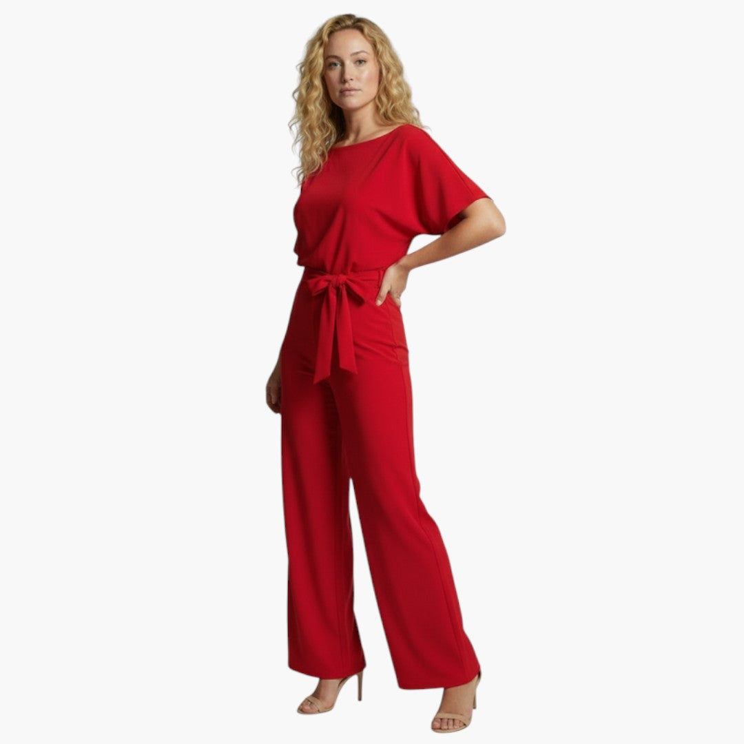 Genevieve | Women’s Boat Neck Waist-Tie Wide-Leg Jumpsuit