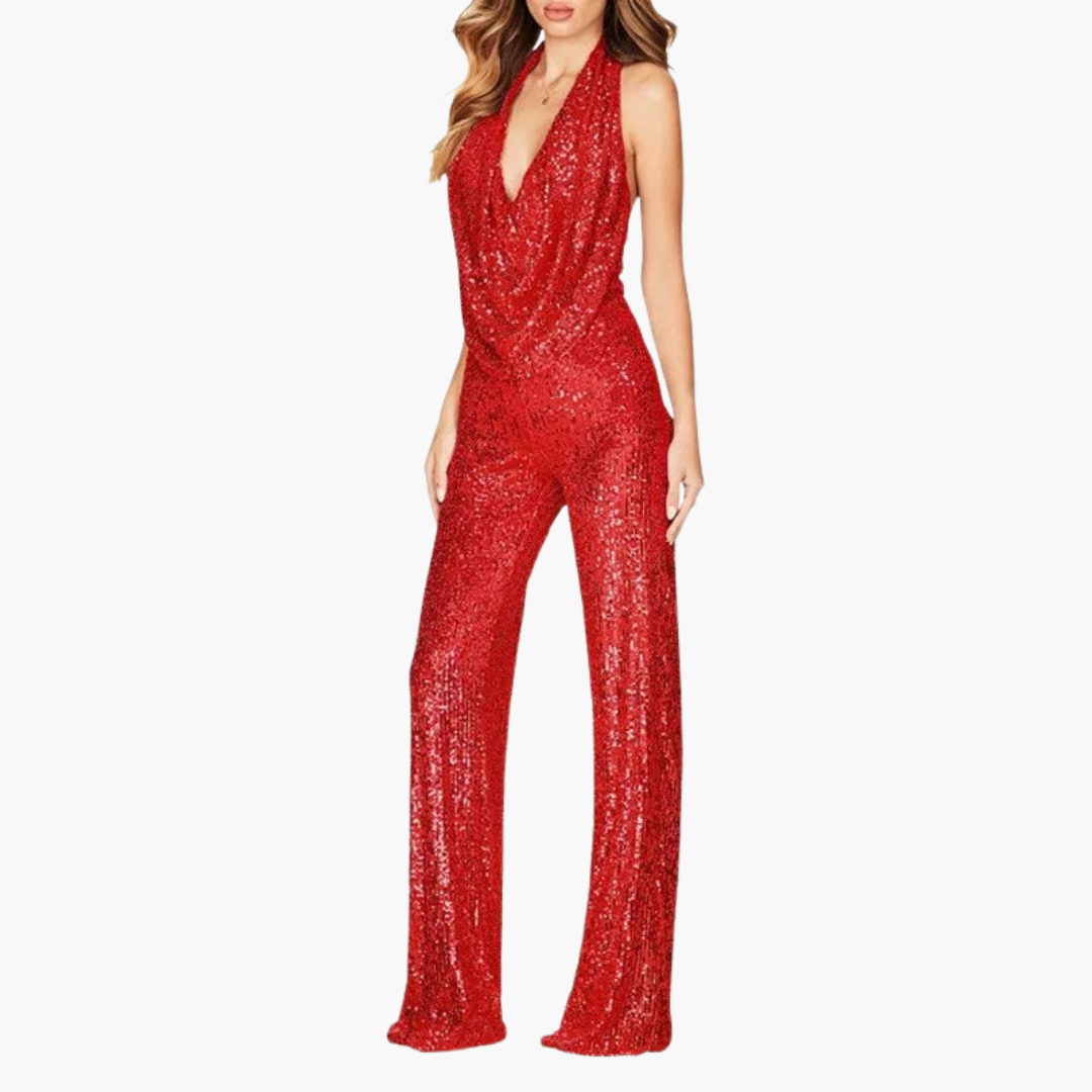 Verity | Women’s Sequin Halter Neck Draped Collar Jumpsuit