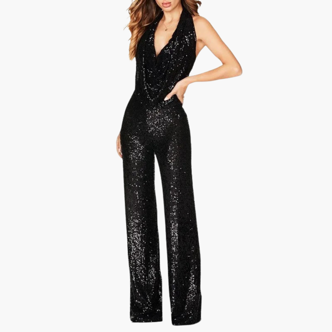 Verity | Women’s Sequin Halter Neck Draped Collar Jumpsuit