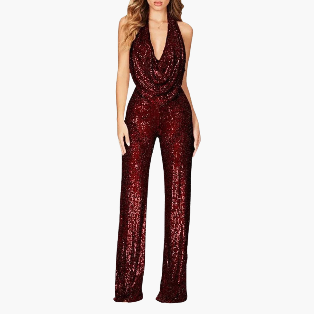 Verity | Women’s Sequin Halter Neck Draped Collar Jumpsuit