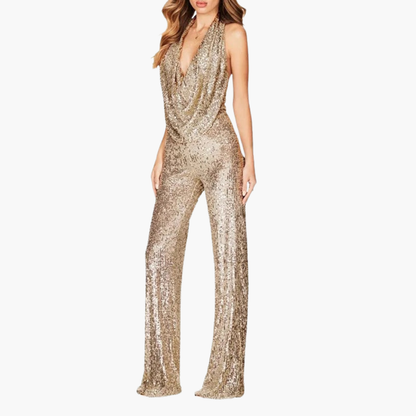 Verity | Women’s Sequin Halter Neck Draped Collar Jumpsuit