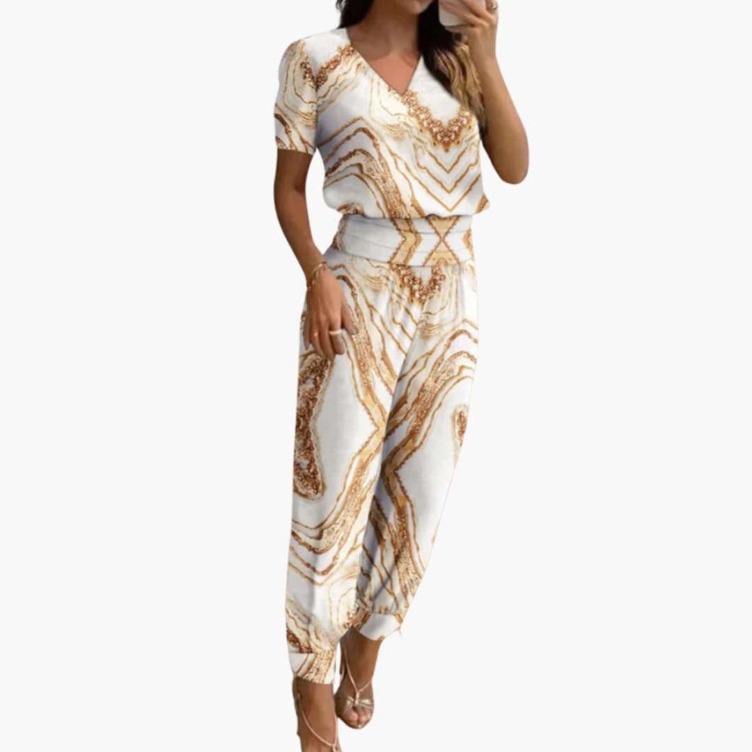 Catalina | Women’s V-Neck Marble Print Jumpsuit